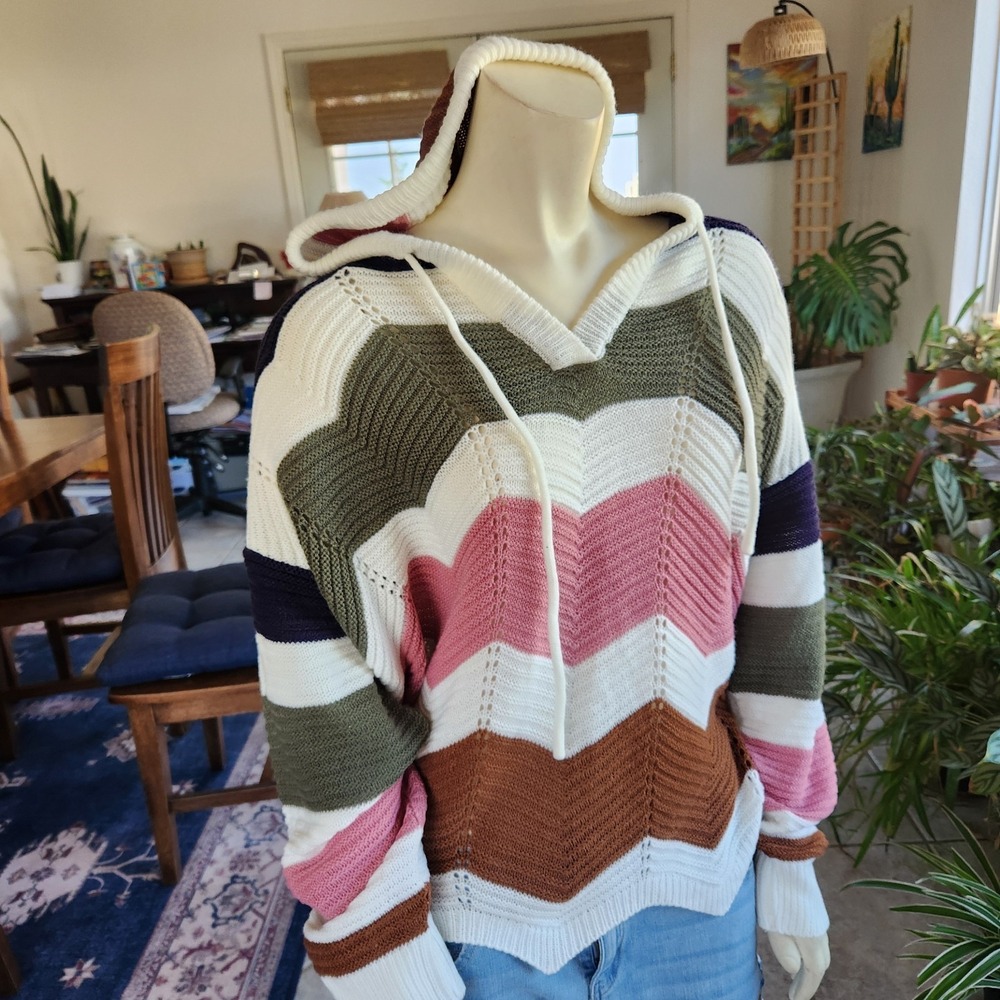 NWT FCT With Love Colorblock Chevron Hooded Open knit sweater Sz 1X